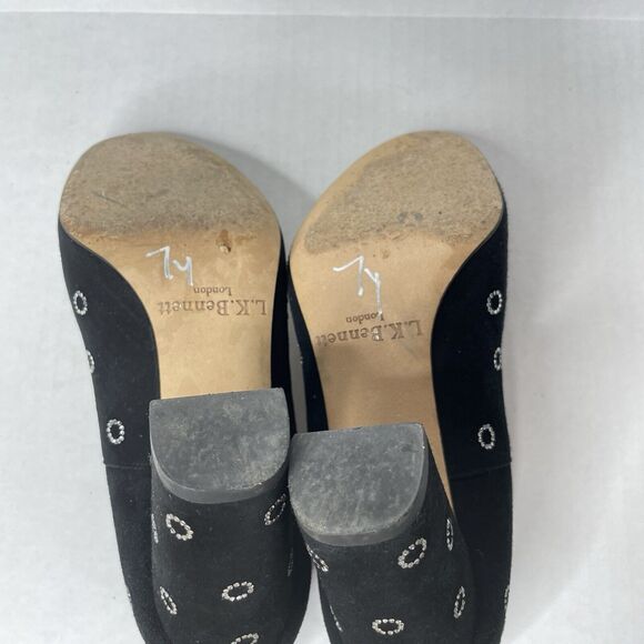 Black Suede Block Heel Pumps Size 6.5 | Retro Mod Polka Dot Party Shoes Sparkly - Picture 8 of 11